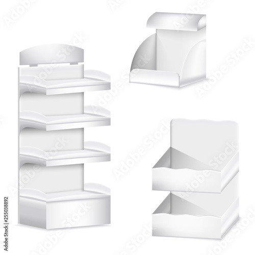 Promotion shelf. Set of white carton blank trade displays template empty supermarket shelves in perspective.