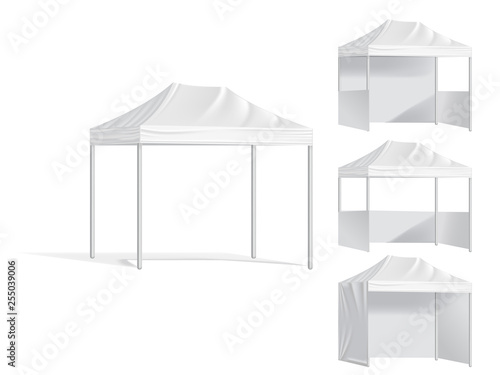 Promotional outdoor mobile tents. Mock up blank template of canopy from sun, illustration shelter canopy for commercial pavilion. Advertising mobile tent.