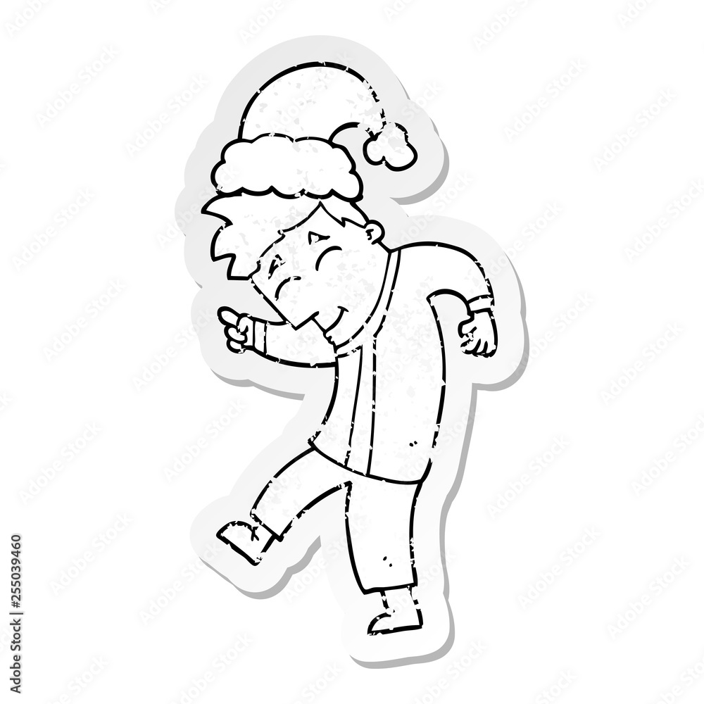 distressed sticker of a cartoon man wearing christmas hat