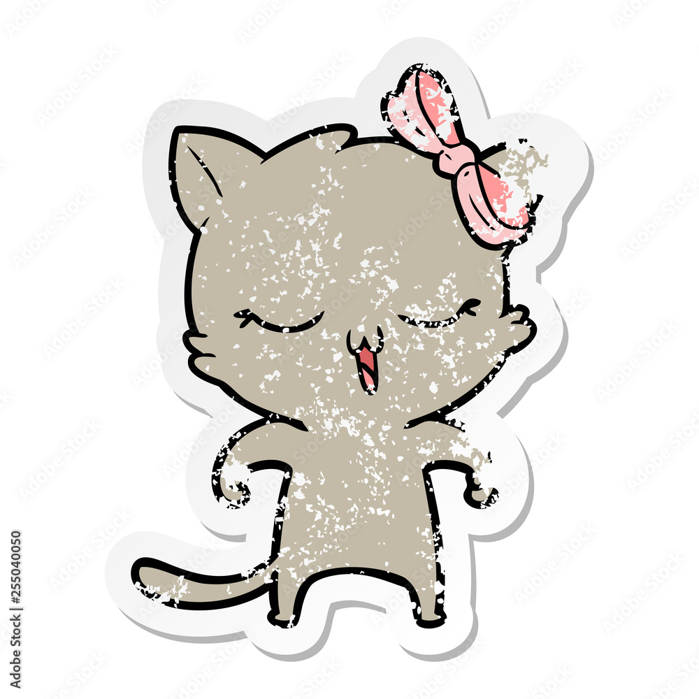 distressed sticker of a cartoon cat with bow on head distressed sticker of a cartoon cat with bow on head