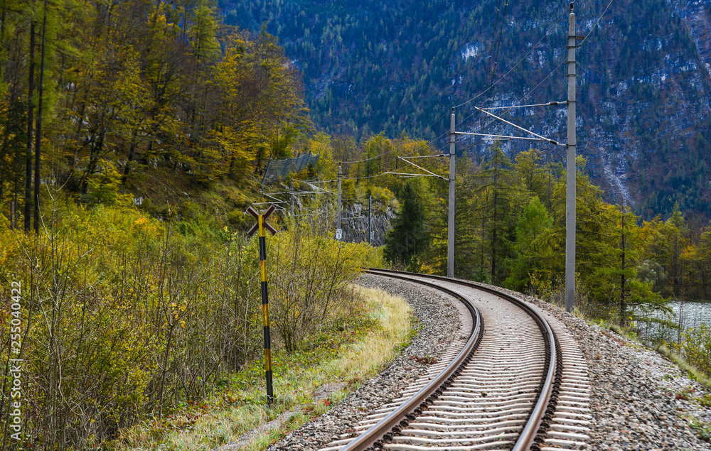 Fototapeta premium Empty railway tracks in Hallstatt, Austria