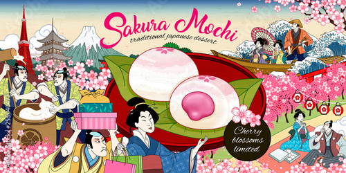 Sakura mochi ads in ukiyo-e style