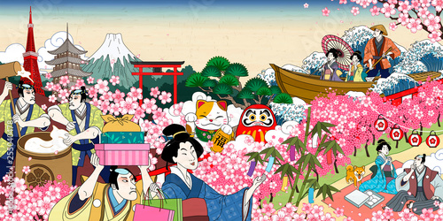 Flower viewing in ukiyo-e style