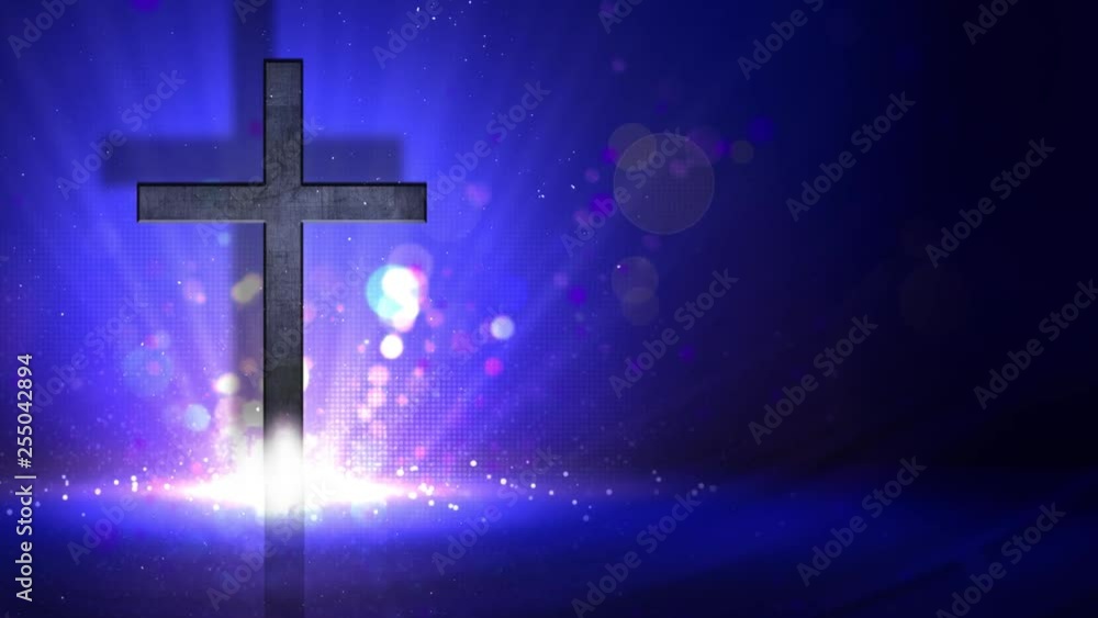 Explosive Cross on Blue Background Loop features a scratched dark metallic cross against a blue background with light exploding at the base with an open area ready for your custom text Explosive Cross on Blue Background Loop features a scratched dark metallic cross against a blue background with light exploding at the base with an open area ready for your custom text