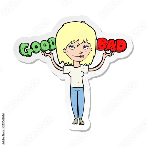 sticker of a cartoon woman weighing up options