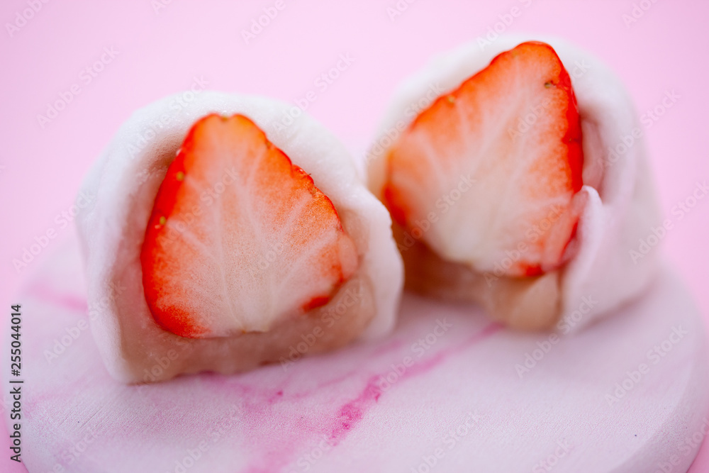 Strawberry Daifuku cut in half