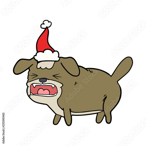 line drawing of a dog barking wearing santa hat