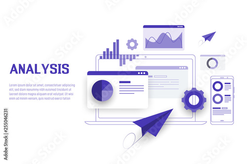 Mobile and laptop Data analysis, research, planning, statistics, financial, infographic, management vector concept. Vector