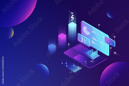 Online financial data analysis isometric concept, financial report, business statistics, business planning and investment for web template design vector