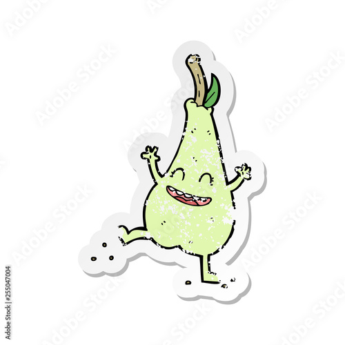 retro distressed sticker of a cartoon happy dancing pear