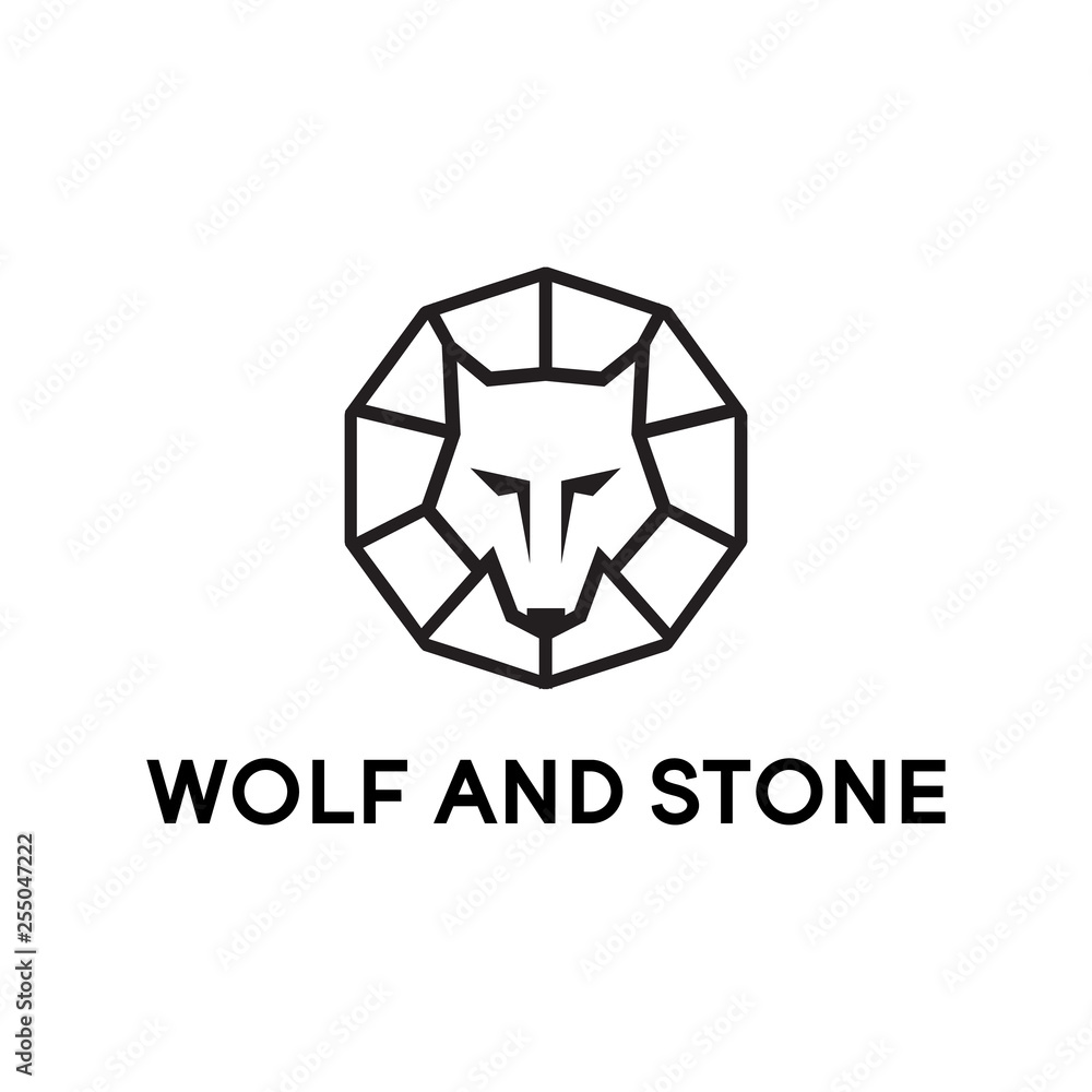 wolf and stone line logo design vector illustration