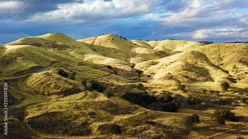 Drone aerial views of rolling hills with dry yellow grass, near Millerton Lake, California. photo