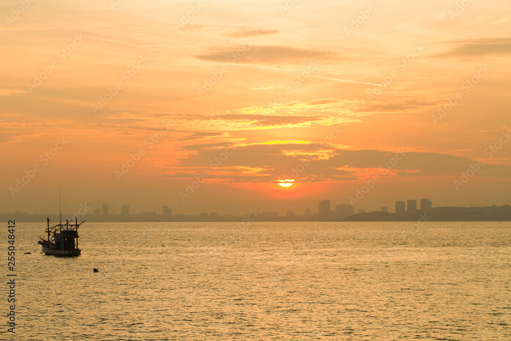 abstract sunrise in the sea view of sea ship near the town at asia abstract sunrise in the sea view of sea ship near the town at asia