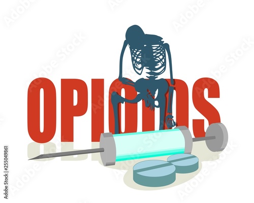 Abstract image relative to drugs addiction. Pharmacy and medicaments. Isometry volumetric pills and syringe. Opioids word and skeleton silhouette