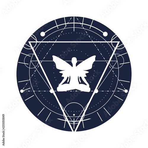 Mystery, witchcraft, occult and alchemy tattoo sign. Mystical vintage gothic geometry thin lines symbol with butterfly woman in lotus yoga pose
