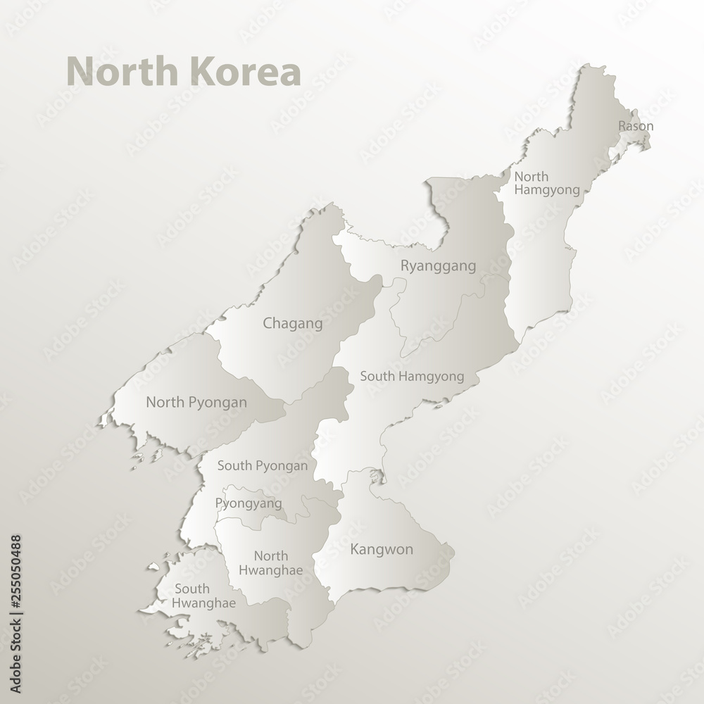Fototapeta premium North Korea map separate region names individual card paper 3D natural vector