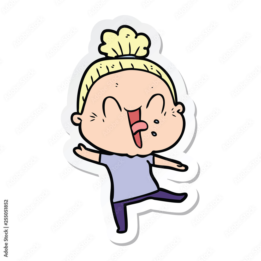 sticker of a cartoon happy old woman sticker of a cartoon happy old woman