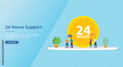 24 hours support service concept for website template page with clock and people team - vector illustration