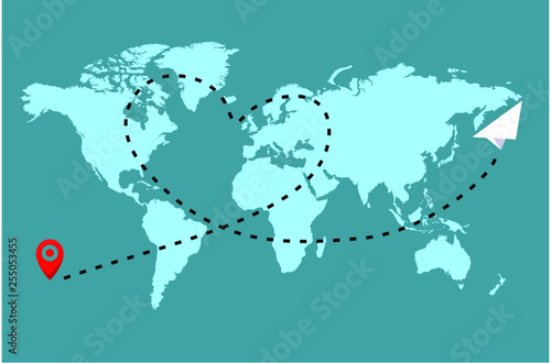 Vector paper airplane. Travel, route symbol. Vector illustration of world map. Isolated. Outline. Hand drawn doodle airplane. Black linear paper plane icon