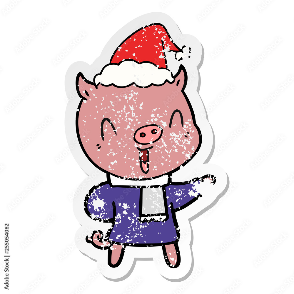 happy distressed sticker cartoon of a pig in winter clothes wearing santa hat happy distressed sticker cartoon of a pig in winter clothes wearing santa hat