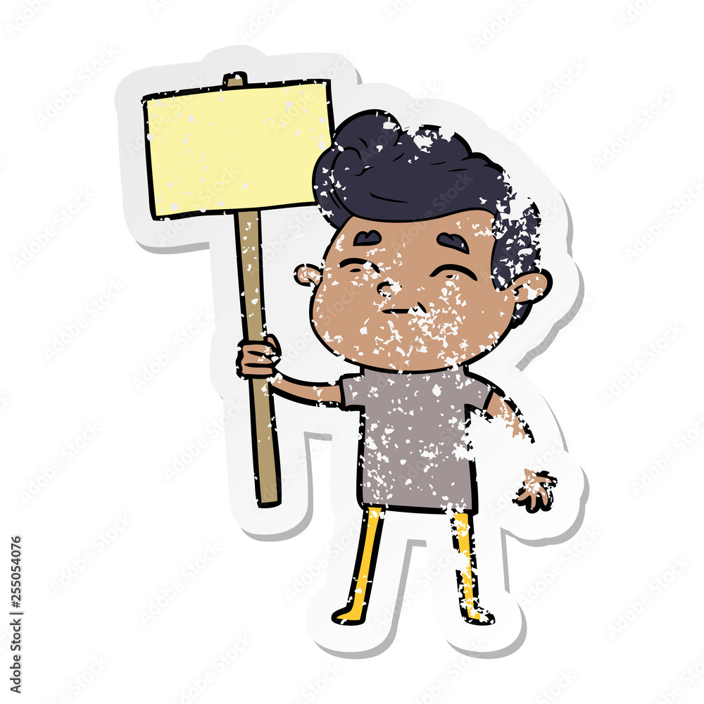 distressed sticker of a happy cartoon man with sign distressed sticker of a happy cartoon man with sign