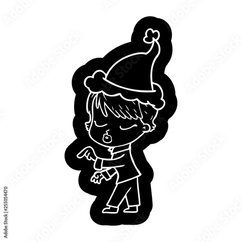 cartoon icon of a woman with eyes shut wearing santa hat