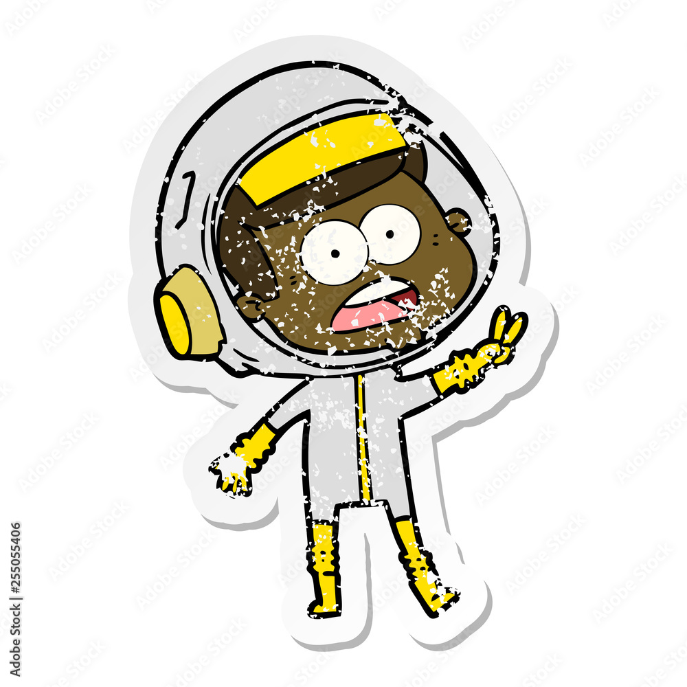 distressed sticker of a cartoon surprised astronaut distressed sticker of a cartoon surprised astronaut