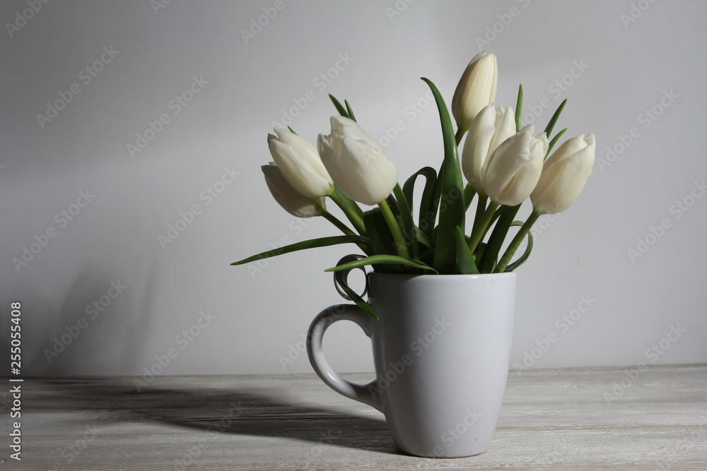 Bunch of white tulips in mug on white wooden table. Spring concept. Springtime, women or mothers day, copy space, spring background Bunch of white tulips in mug on white wooden table. Spring concept. Springtime, women or mothers day, copy space, spring background