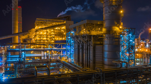 Power station, Combined heat power plant at night, Large combined cycle power plant.