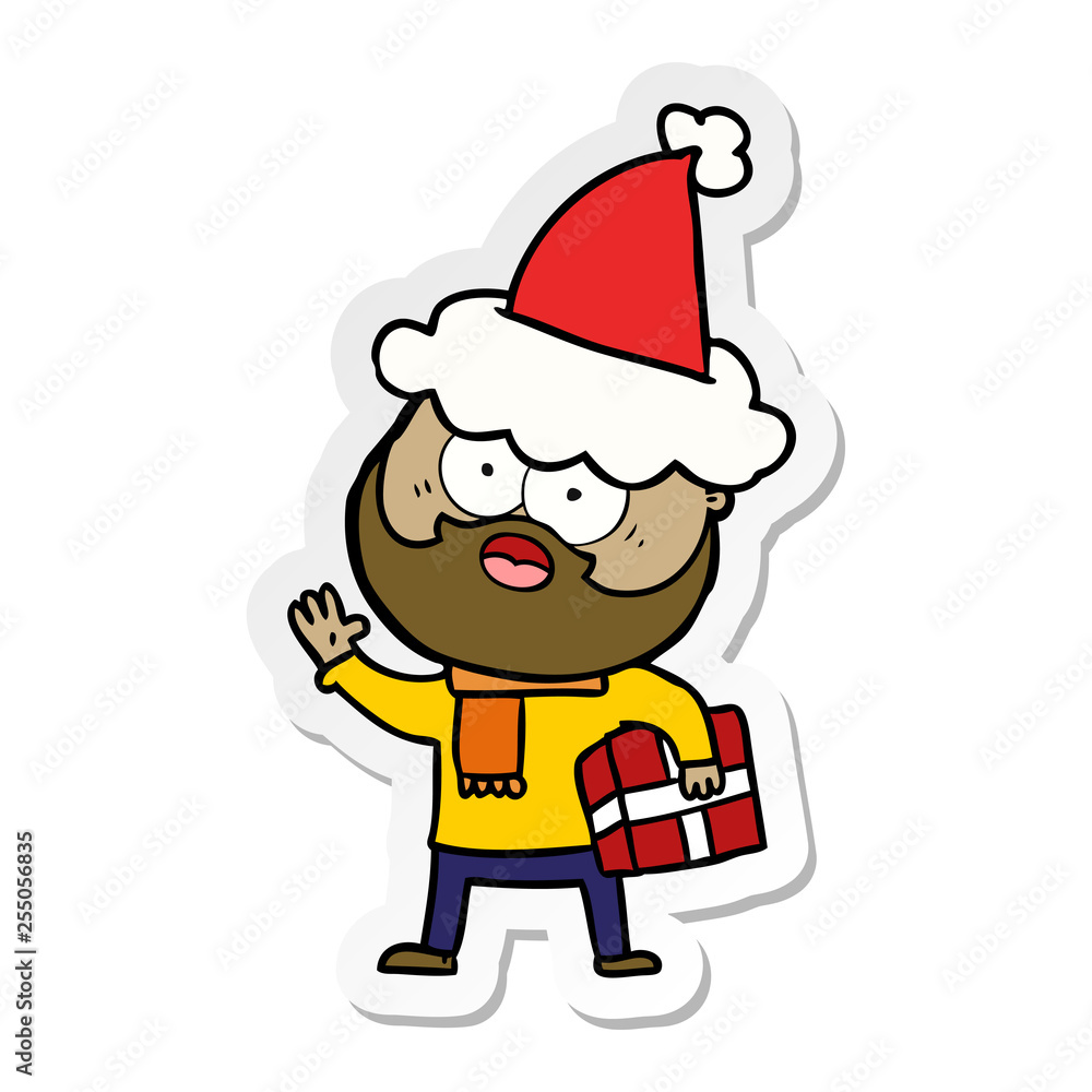 sticker cartoon of a bearded man with present wearing santa hat sticker cartoon of a bearded man with present wearing santa hat