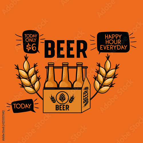 happy hour beers label with bottles in basket