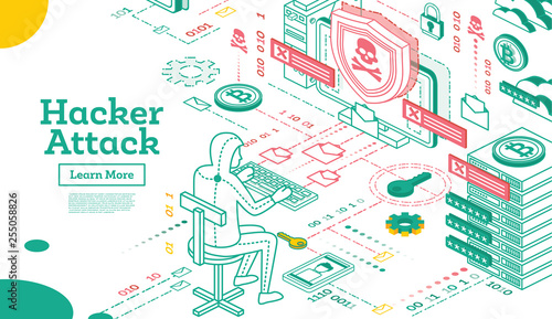 Outline Hacker Attack. Isometric Cyber Security Concept.