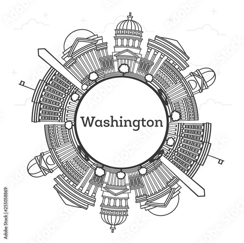 Outline Washington DC USA City Skyline with Modern Buildings and Copy Space Isolated on White.