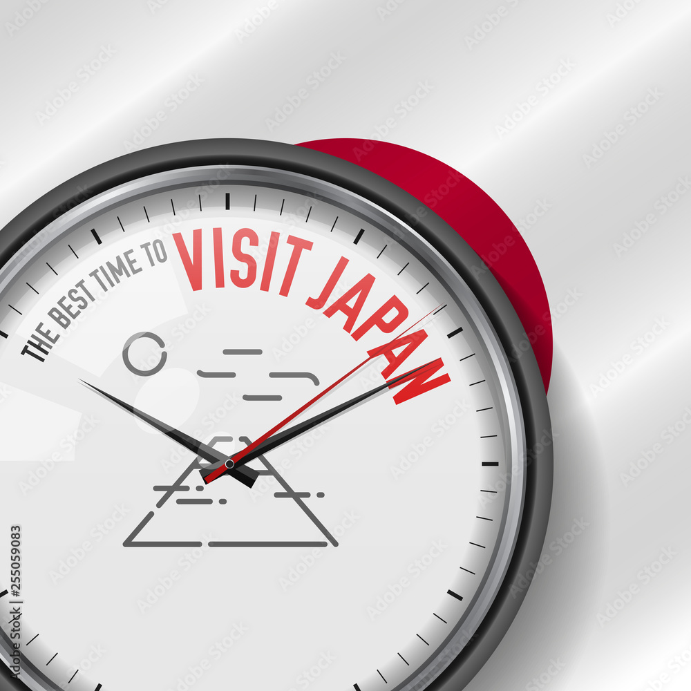 The Best Time for Visit Japan. Vector Clock with Slogan. Japanese Flag Background. Analog Watch. Mountain Fuji Icon