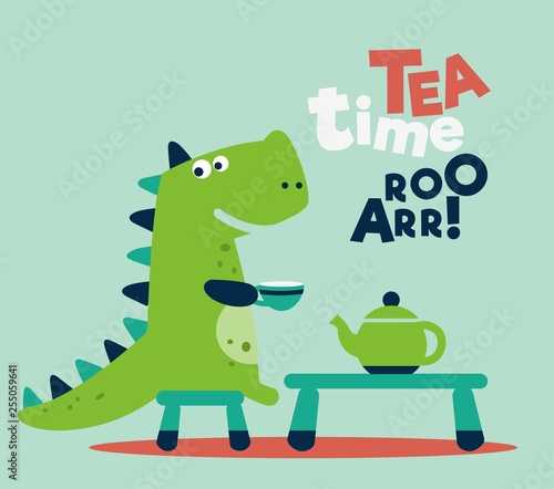 Cute dinosaur drinking tea on the table. Tea time vector concept