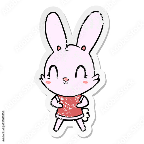 distressed sticker of a cute cartoon rabbit in dress