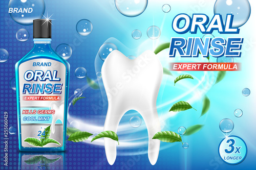 Mouth rinse ads, refreshing mouthwash product with mint leaves and aqua elements. White tooth and Oral rinse package Banner design on blue background. 3d vector illustration.