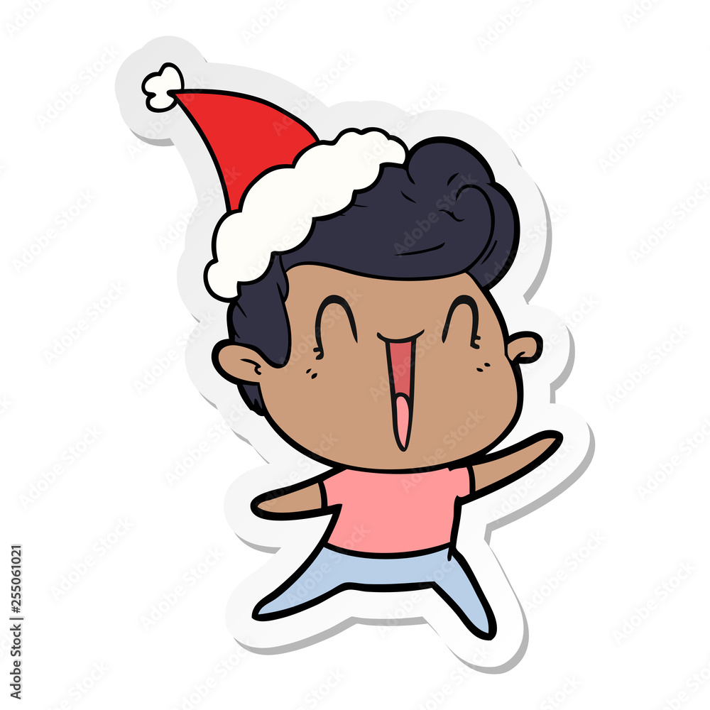 sticker cartoon of a excited man wearing santa hat