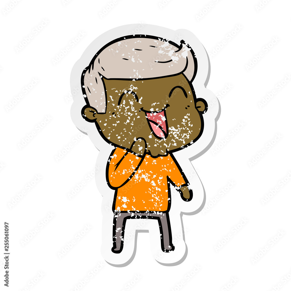 distressed sticker of a cartoon man laughing distressed sticker of a cartoon man laughing