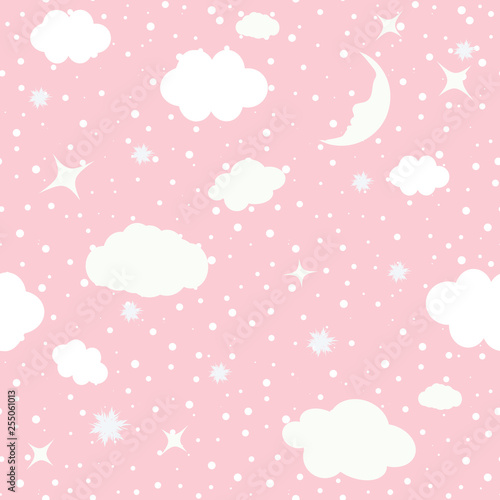Cute seamless baby pattern of cloud,the stars, the moon. Vector illustration.