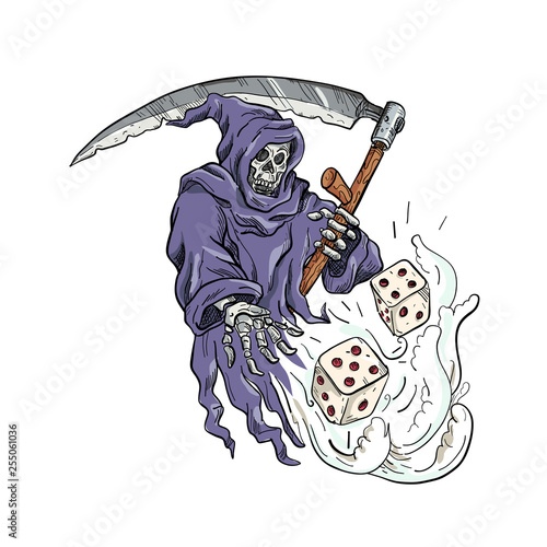 Drawing sketch style illustration of the personification of death, the Grim Reaper holding a scythe throwing and rolling the dice on isolated white background done in color.