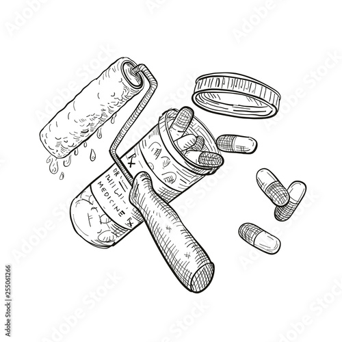Drawing sketch style illustration of a concept of paint doctor showing a crossed paint roller and medicine or pill capsule container bottle on isolated white background in black and white.