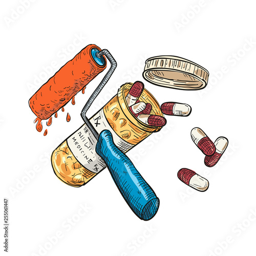 Drawing sketch style illustration of concept of paint doctor shown as a crossed paint roller and medicine or pill capsule container bottle on isolated white background in full color.