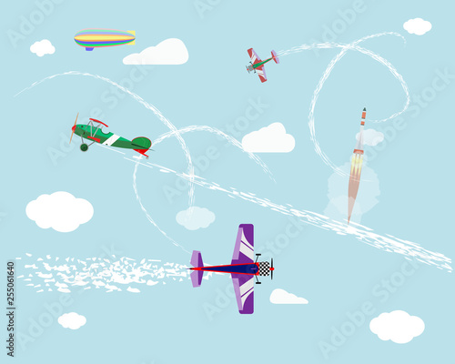 Airshow. Flight of airplanes and airship in the sky. Rocket launch. Vector graphics.