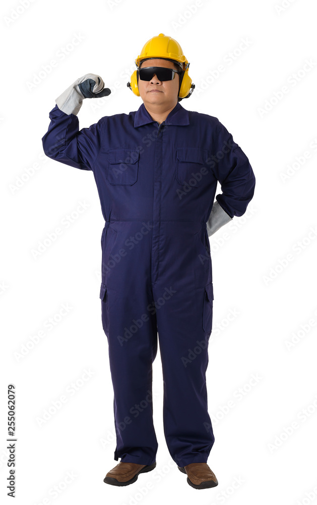 Full body portrait of a worker in Mechanic Jumpsuit isolated on white background Full body portrait of a worker in Mechanic Jumpsuit isolated on white background