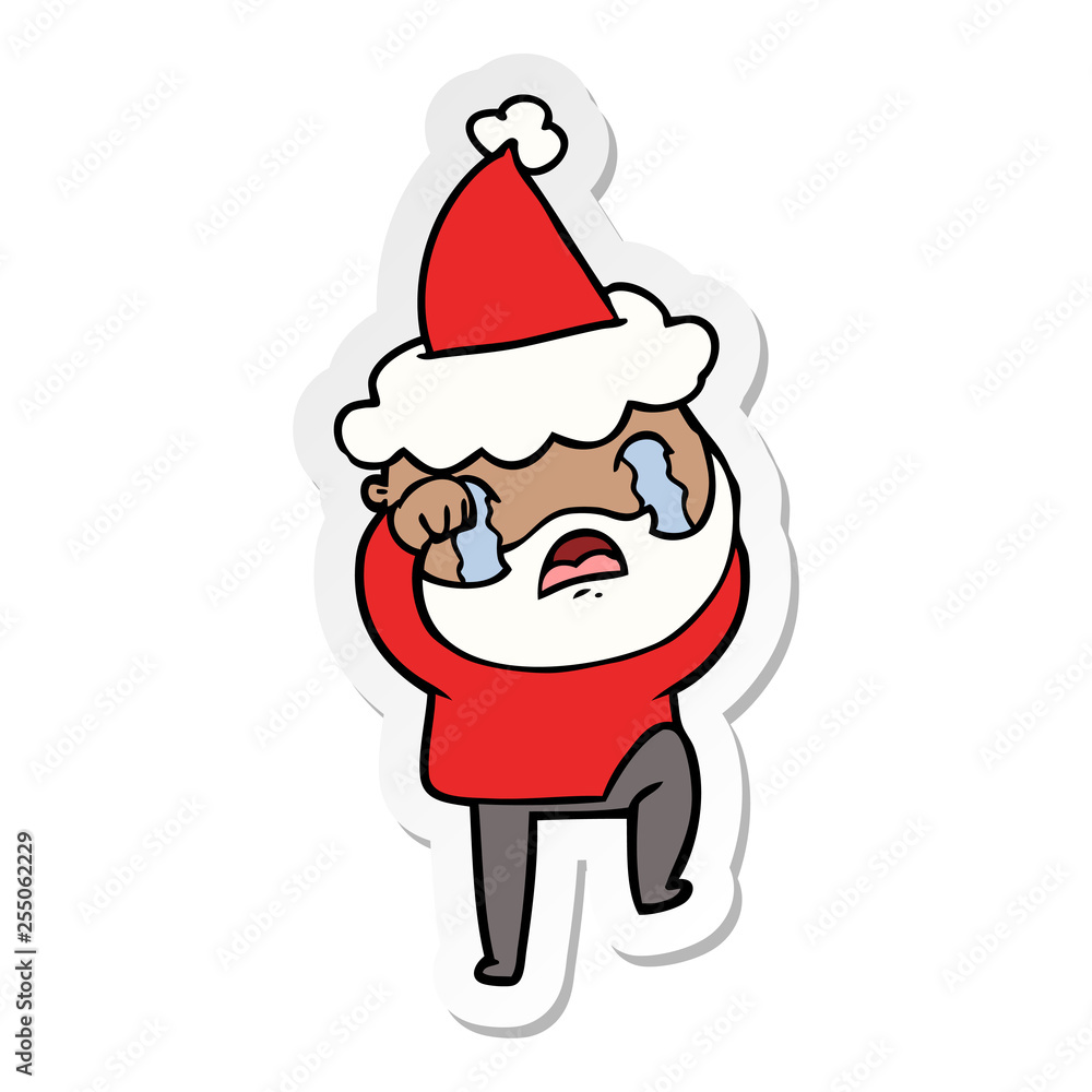 sticker cartoon of a bearded man crying and stamping foot wearing santa hat sticker cartoon of a bearded man crying and stamping foot wearing santa hat