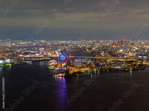 Osaka cityscape beautiful night view of Osaka Bay in Japan. view from cosmo tower.