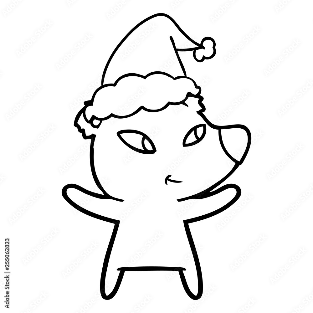 cute line drawing of a bear wearing santa hat