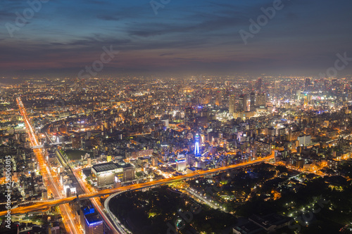 Osaka cityscape beautiful night view of Shinsekai districts, Tennoji, Osaka, Japan. view from Abeno harukas. © nonchanon