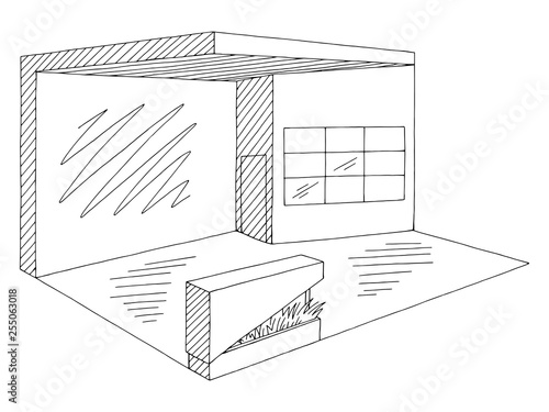 Exhibition stand graphic interior black white sketch illustration vector